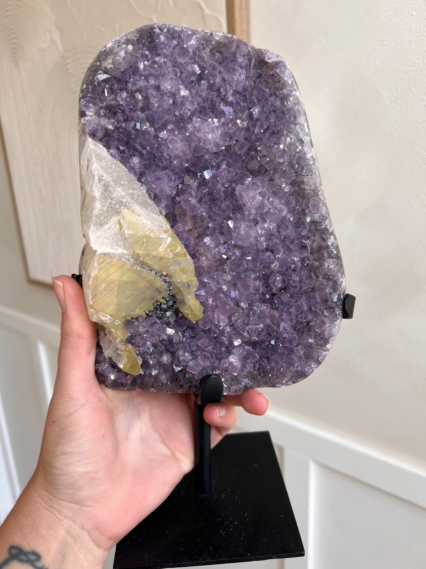 Brazilian amethyst on stand with calcite 29cmH large wide and heavy