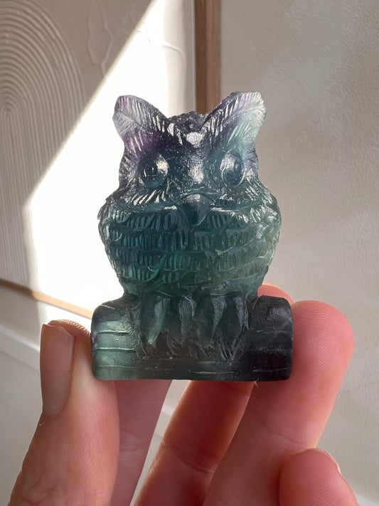 Hand carved high quality rainbow fluorite owl