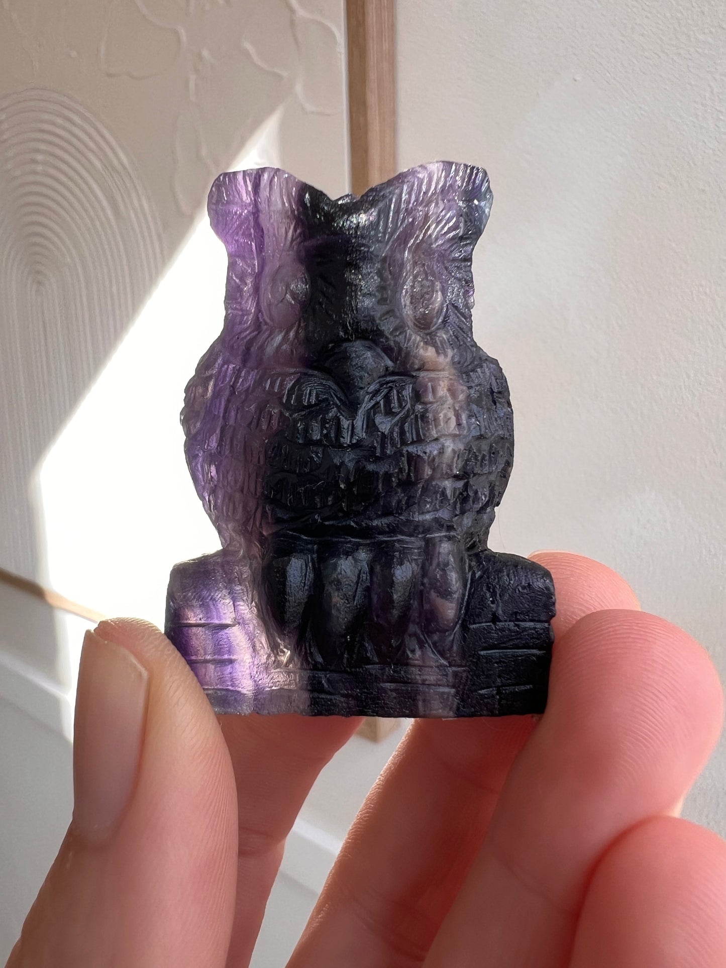 Hand carved high quality rainbow fluorite owl