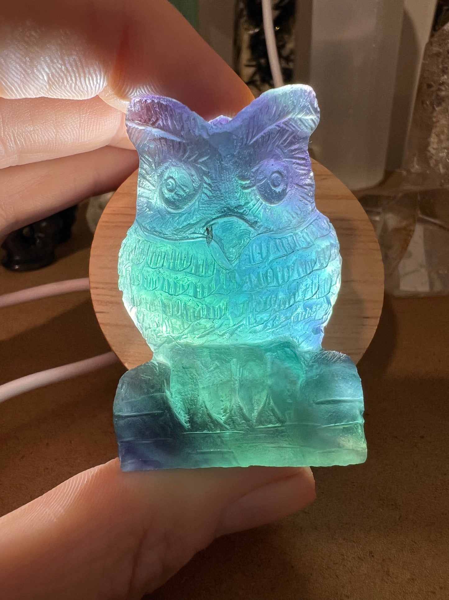 Hand carved high quality rainbow fluorite owl