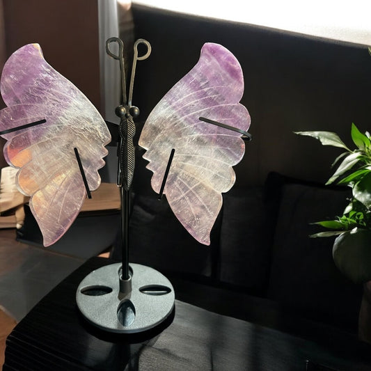 Fluorite butterfly wings and stand (larger) 18-22cm high