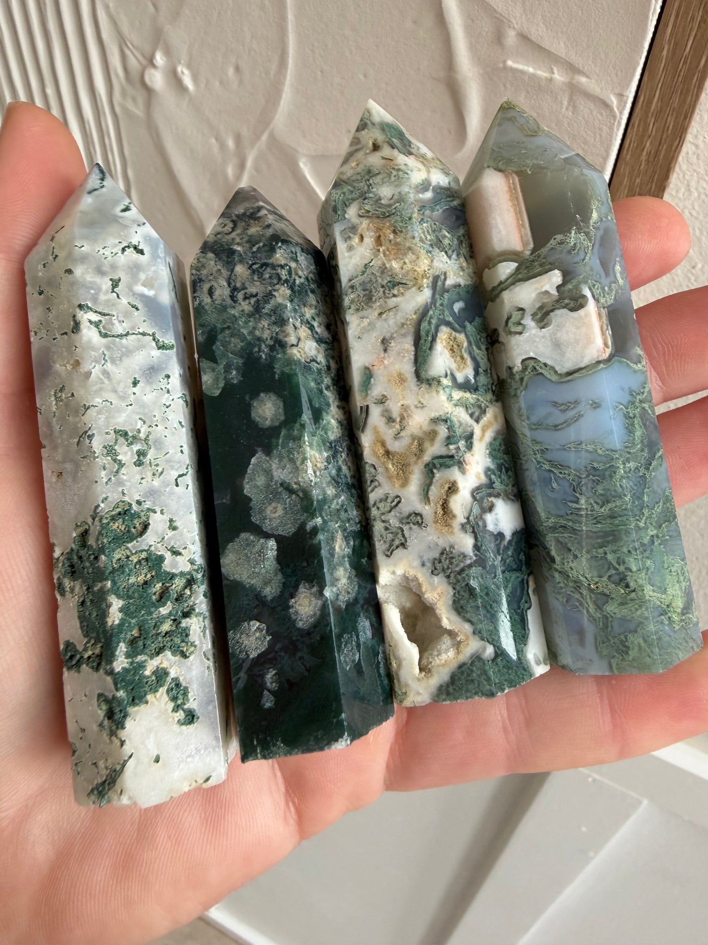 Moss agate points intuitively chosen