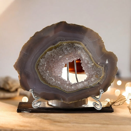 Drusy agate amethyst slab with silver stand