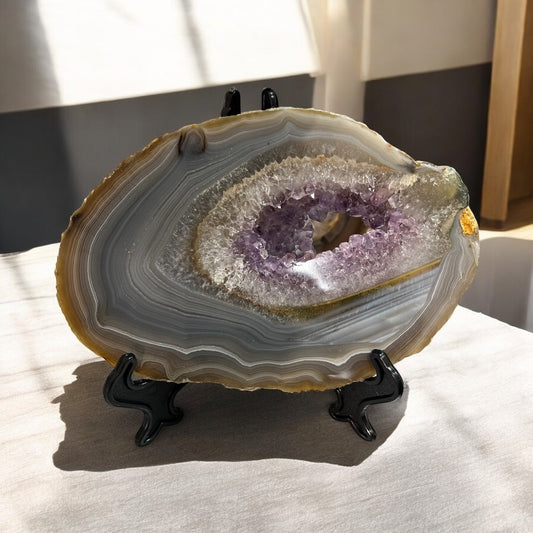 Drusy agate amethyst slab with plastic stand