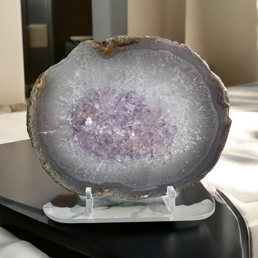 Drusy agate amethyst slab & plastic stand