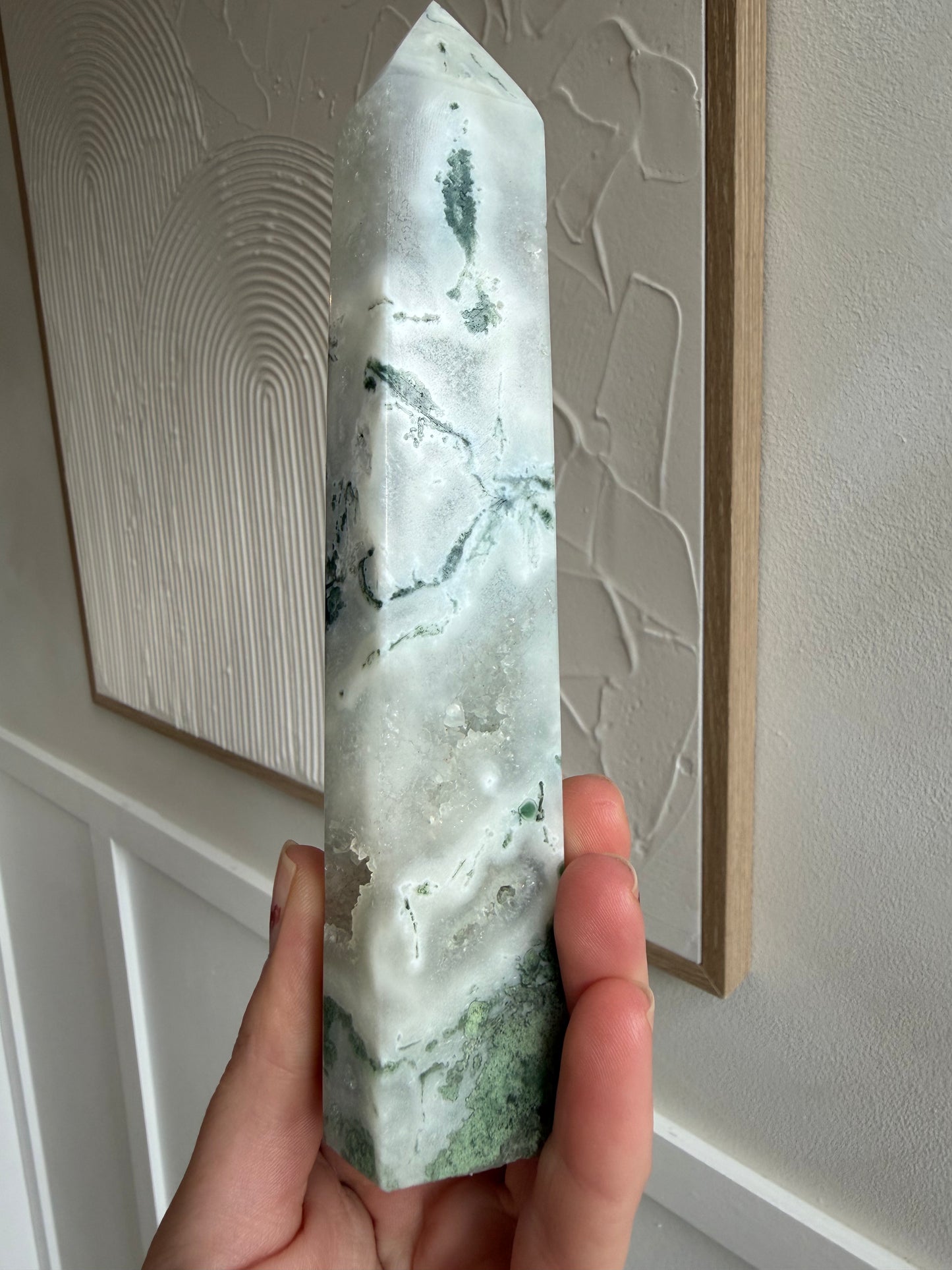 Moss agate tower with drusys