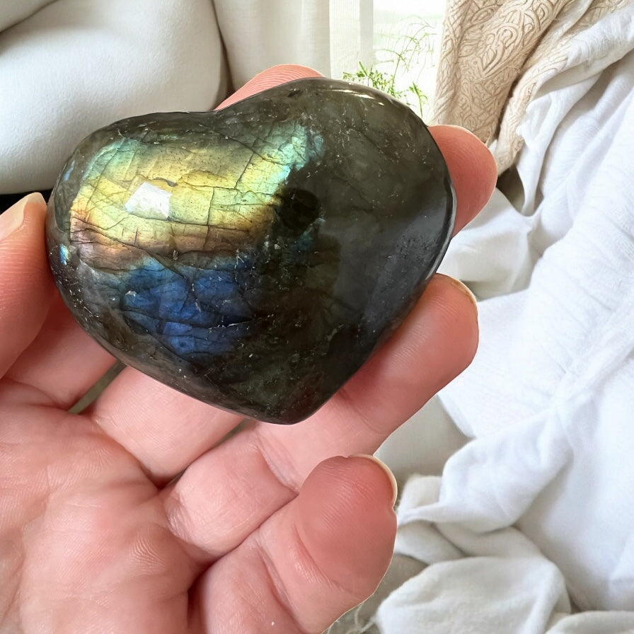Flashy labradorite heart carving