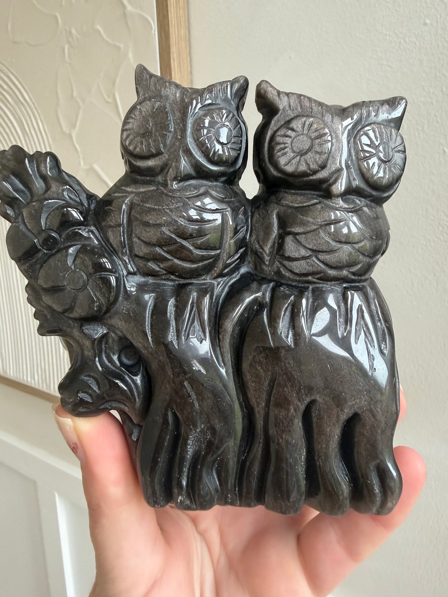 Silver SHEIN obsidian owl carving full flash high quality