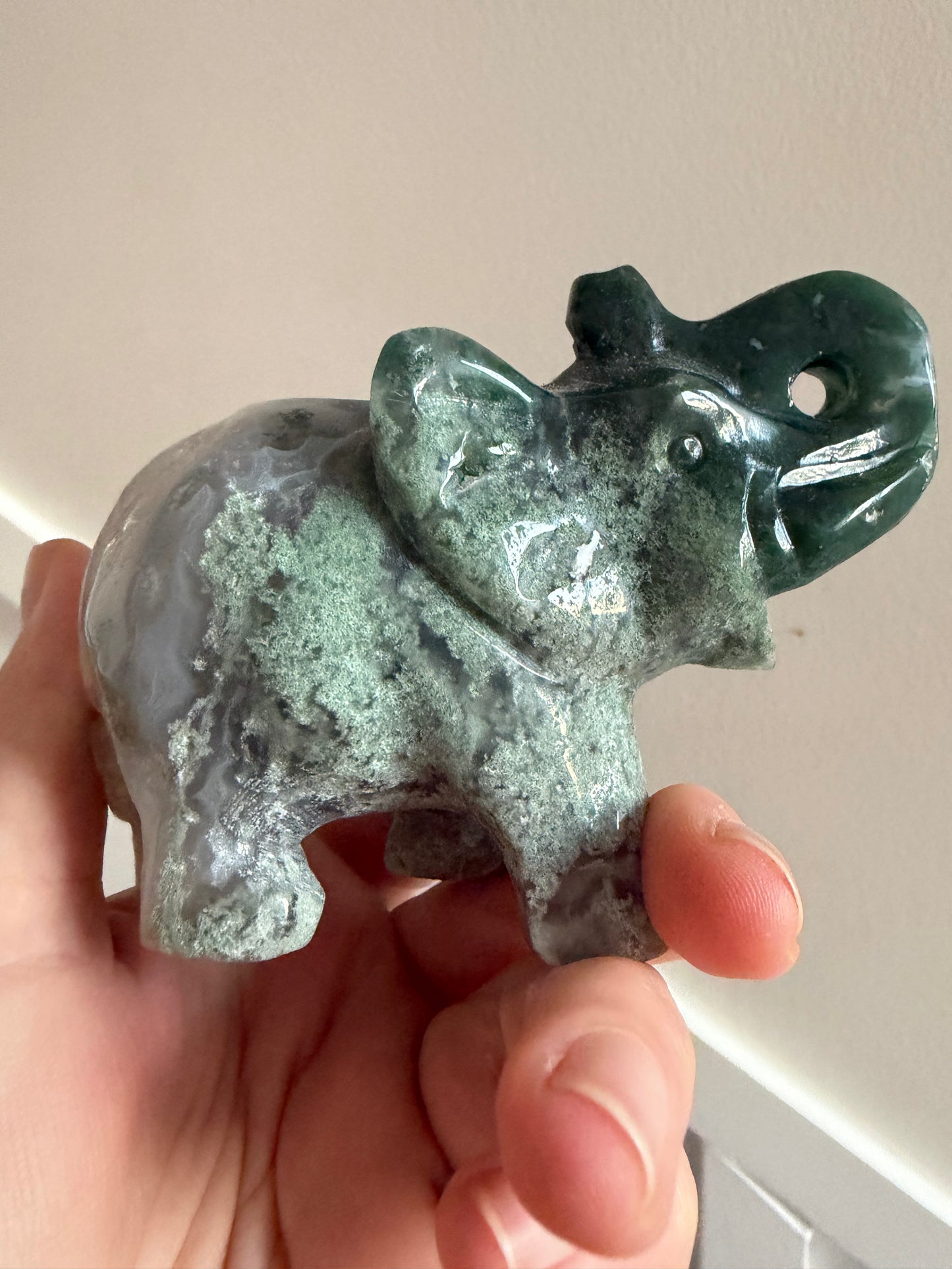 Moss agate elephant with drusy on bottom
