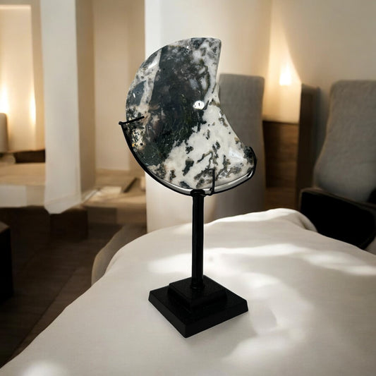Moss agate moon on stand 17cmH
