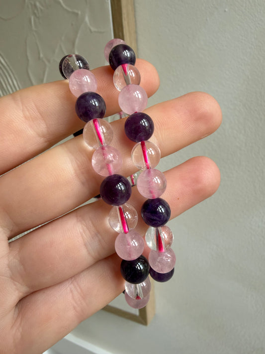 Amethyst clear quartz rose quarts 8mm bracelet