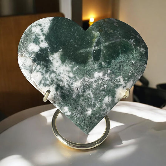 Moss agate Heart carving & gold stand