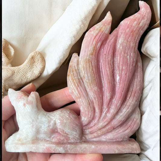 Pink opal hand carved nine tail fox